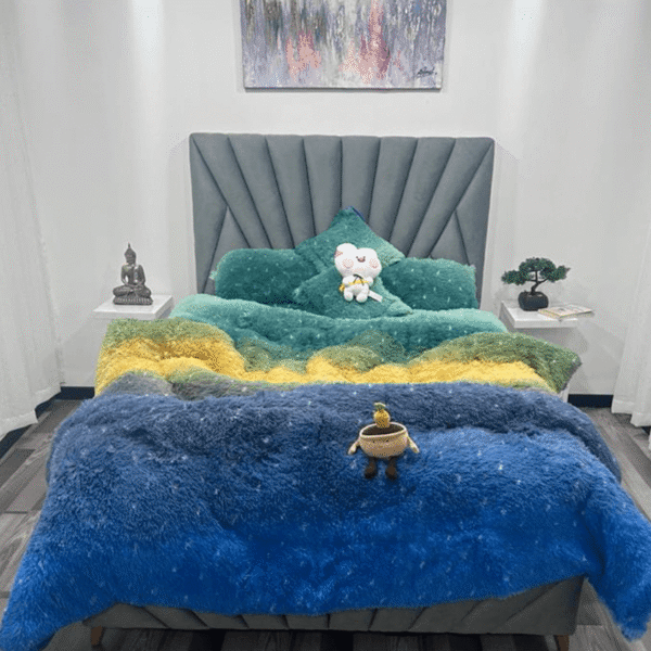 CUBRELECHO DESTELLO MULTICOLOR -  TONO  AZUL VERDE DOBLE